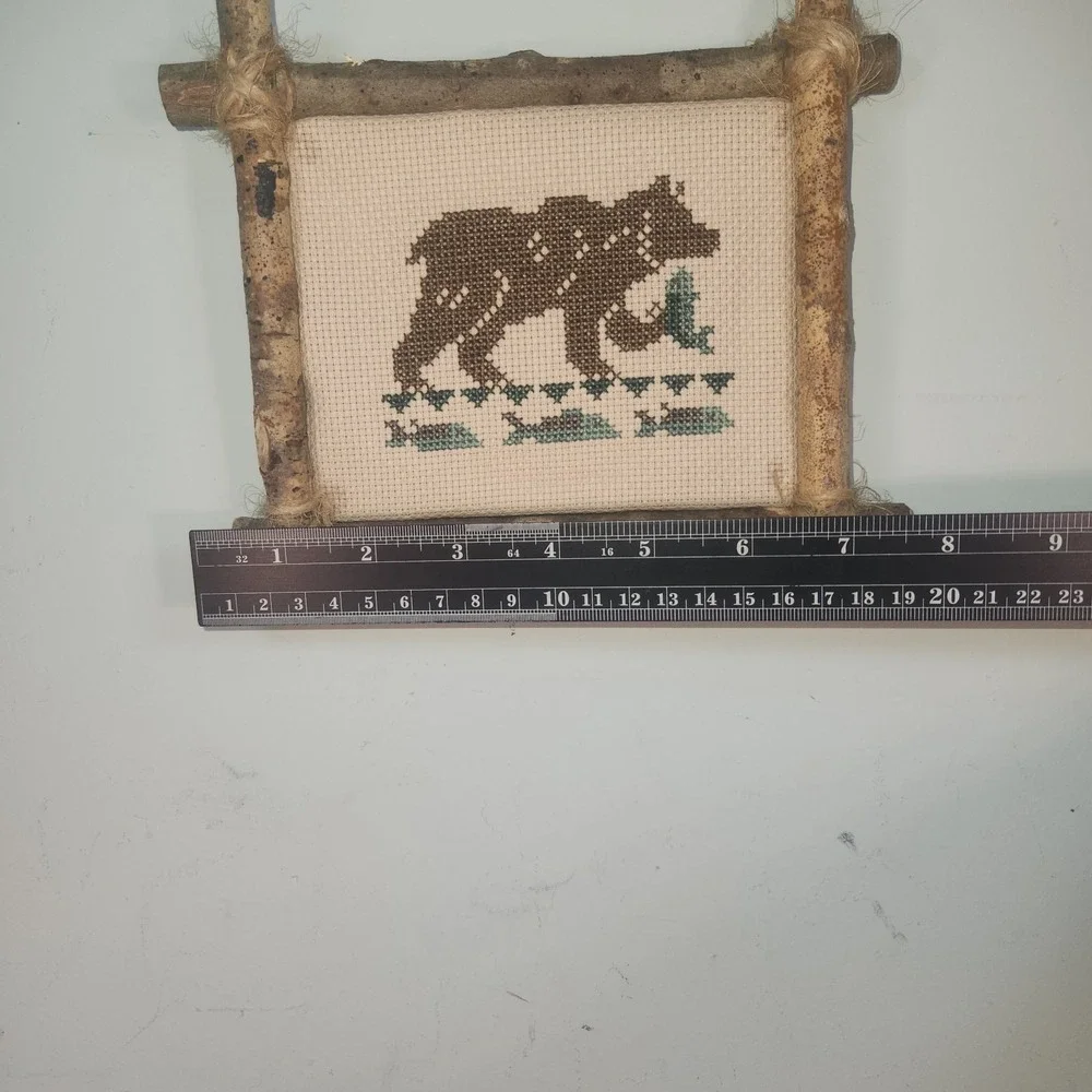 Rustic Bear Cross Stitch Wall Art | Woodland Cabin Cottagecore Handmade Decor